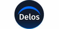 Delos logo with blue arc design.