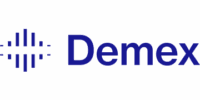 Demex logo with blue text and symbol.